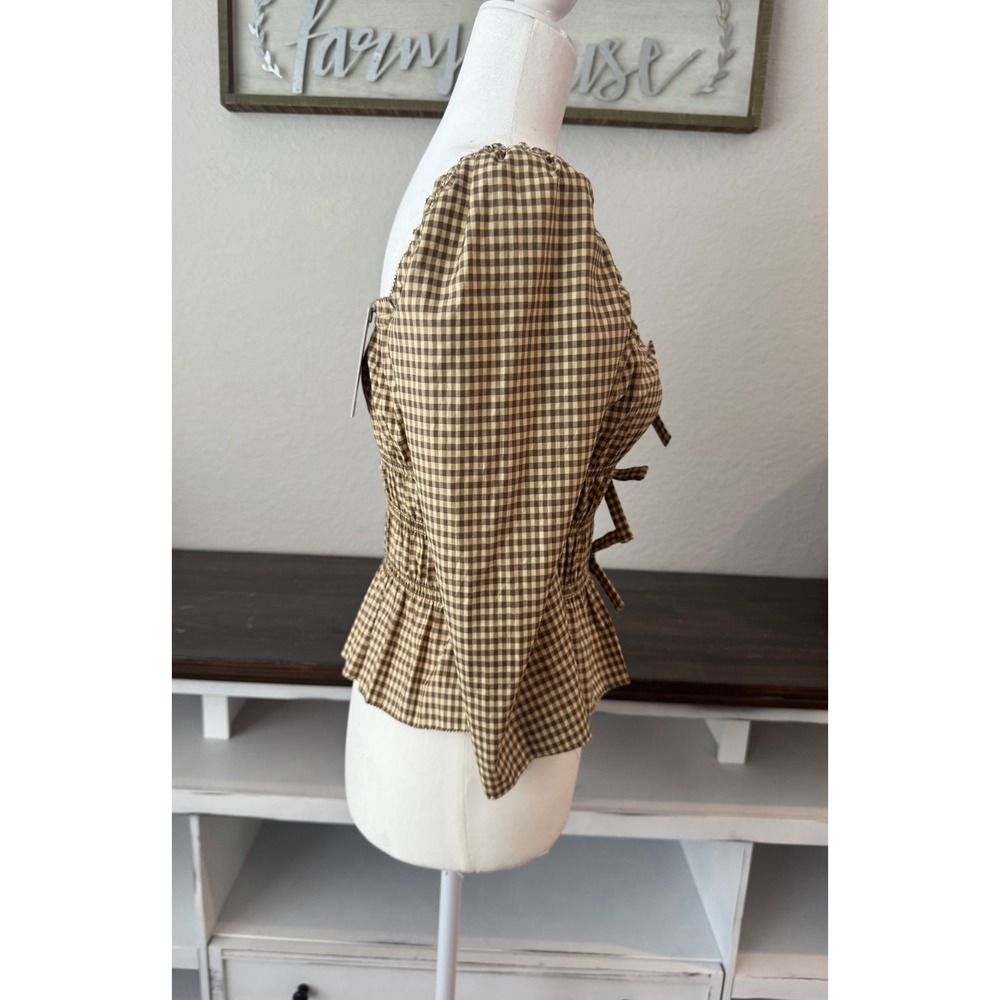 NWT Reformation Lauryn Top Long Sleeve Bows Smocked Blondie Check Size 2 - Picture 4 of 8